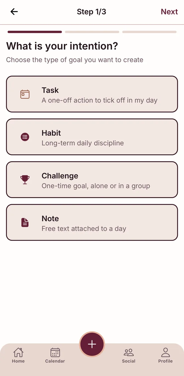 Creation screen: task, habit, challenge or note