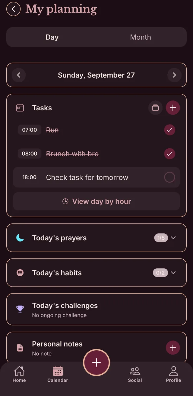 Day view of the planner with tasks, prayers and habits