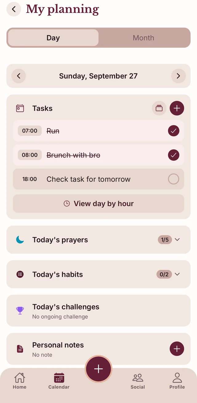 Day view of the planner with tasks, prayers and habits